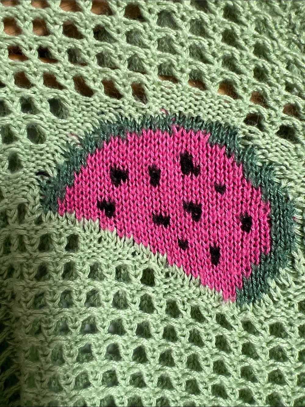 No Comment | Green Cropped Crochet Sweater Pink Watermelon Patches Size XL (16)